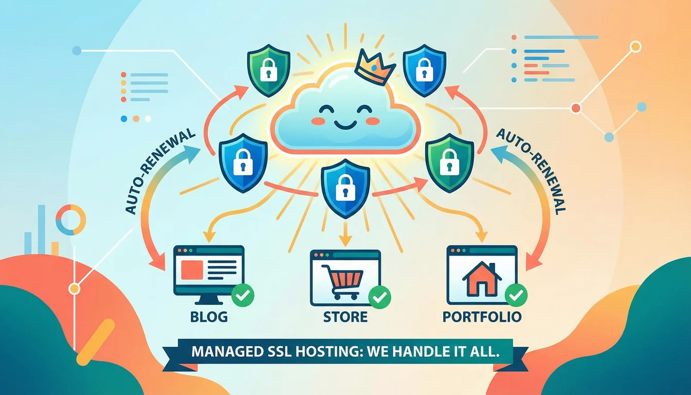 Cheerful cloud character with auto-renewal arrows connecting padlock shields to blog, store, and portfolio website icons below, with text reading Managed SSL Hosting: We Handle It All