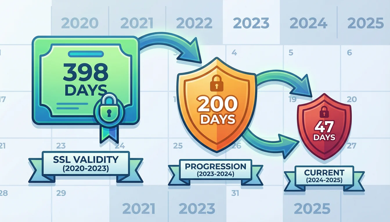 Timeline illustration showing SSL certificate validity periods decreasing from 398 days to 200 days to 47 days across three stages