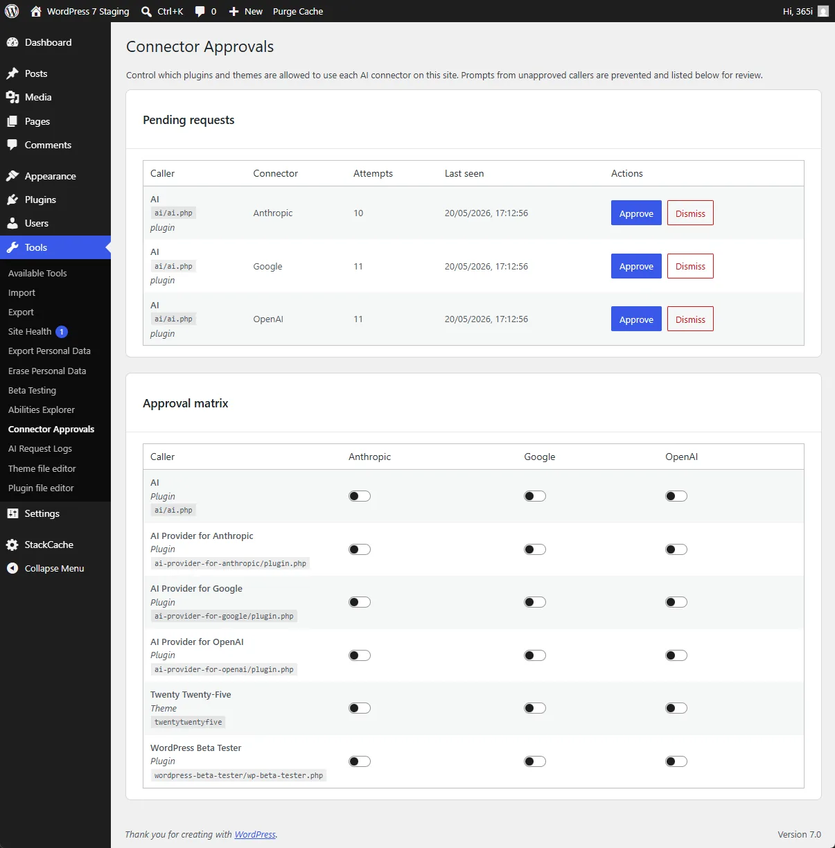 The Connector Approvals screen in the WordPress AI plugin, showing a pending-requests queue and an approval matrix of callers against the Anthropic, Google and OpenAI connectors