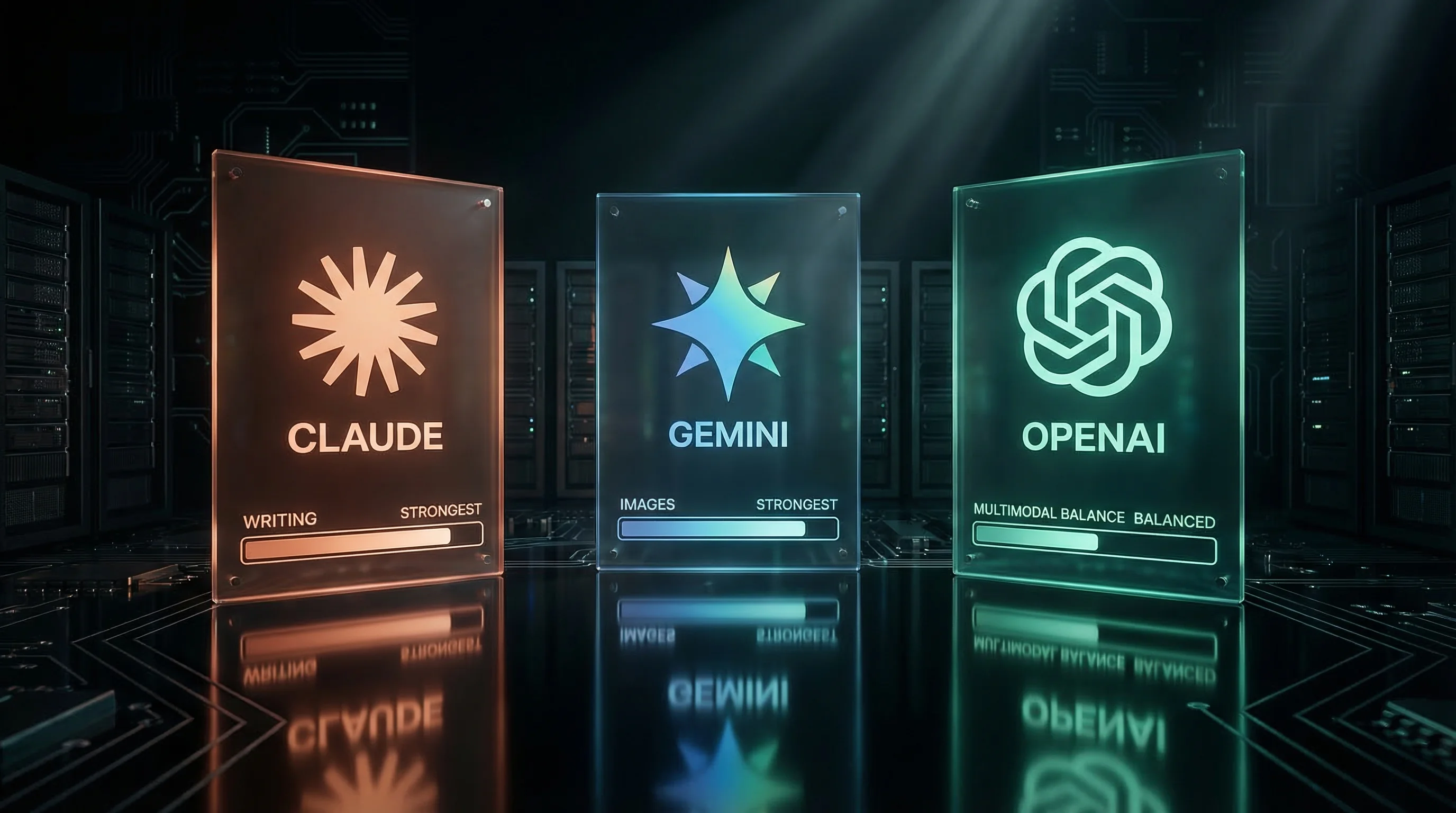 Three AI provider plugin panels for Claude, Gemini and OpenAI shown side by side with the WordPress AI plugin