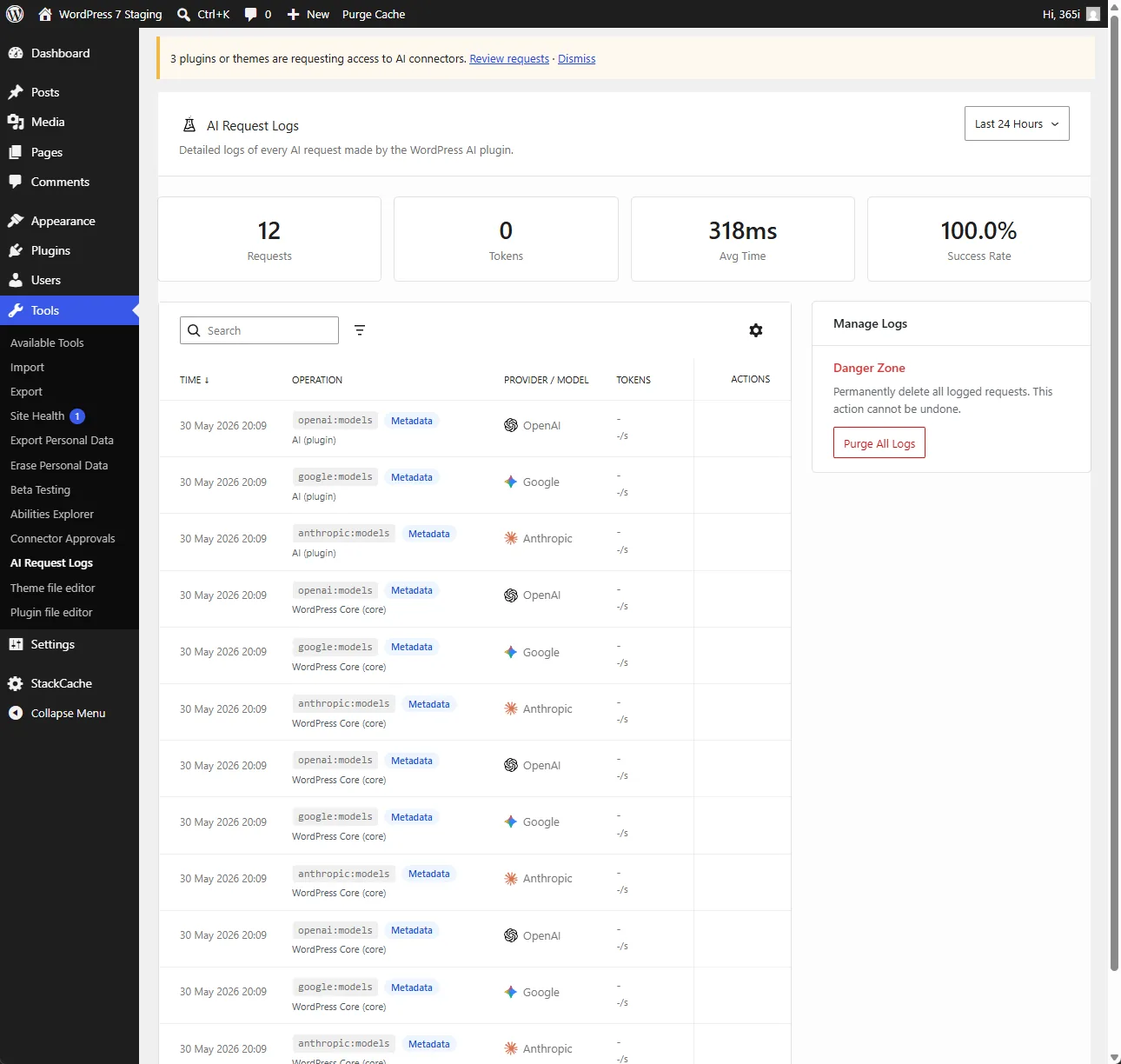 The AI Request Log screen in the WordPress AI plugin showing 12 requests, 318ms average time and a 100 percent success rate, with each row naming the provider and operation