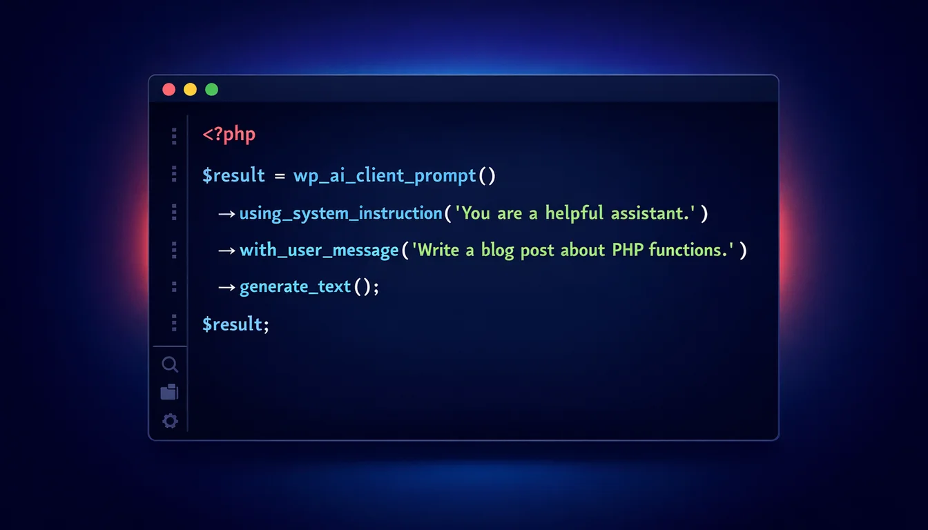 Vector illustration of a code editor showing PHP code with wp_ai_client_prompt function calls and syntax highlighting in vibrant colours against a dark editor theme