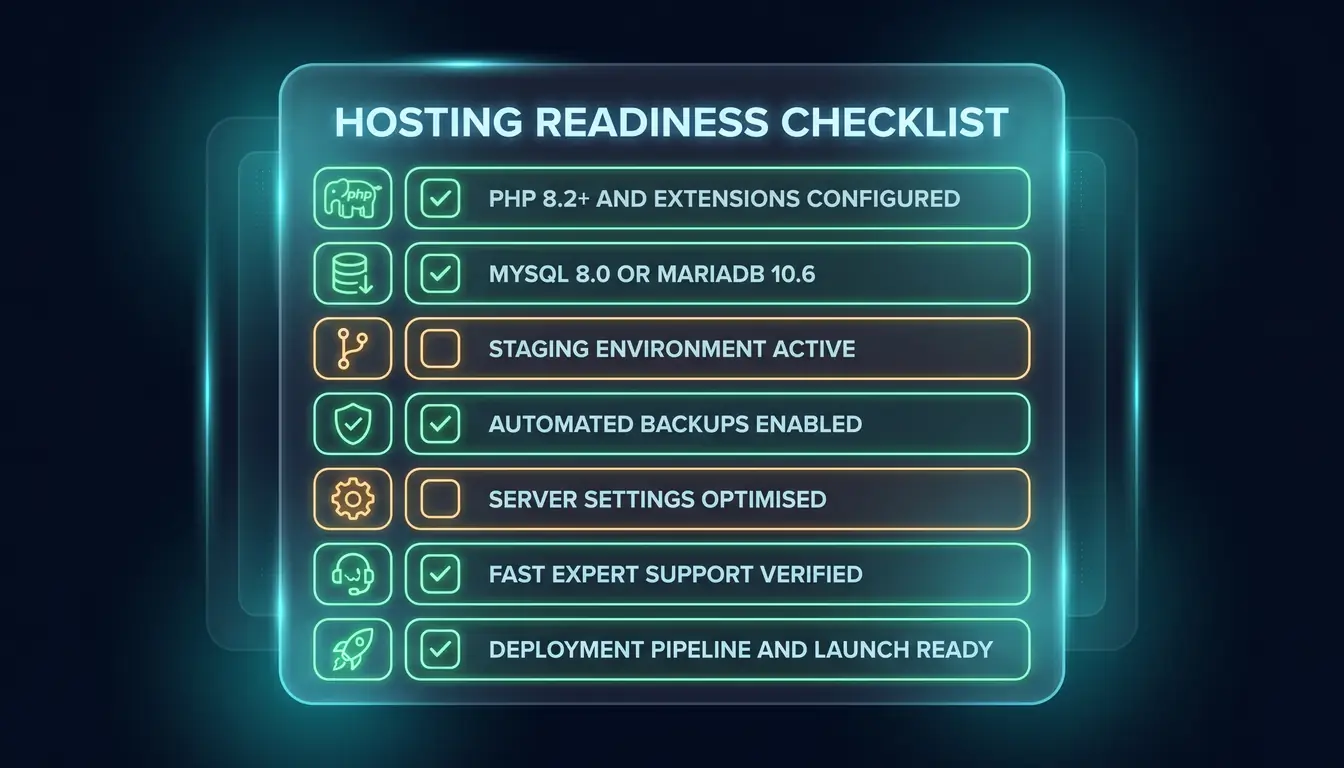 A hosting readiness checklist with seven items showing PHP version, staging, backups, updates, connections, support, and AI readiness status indicators