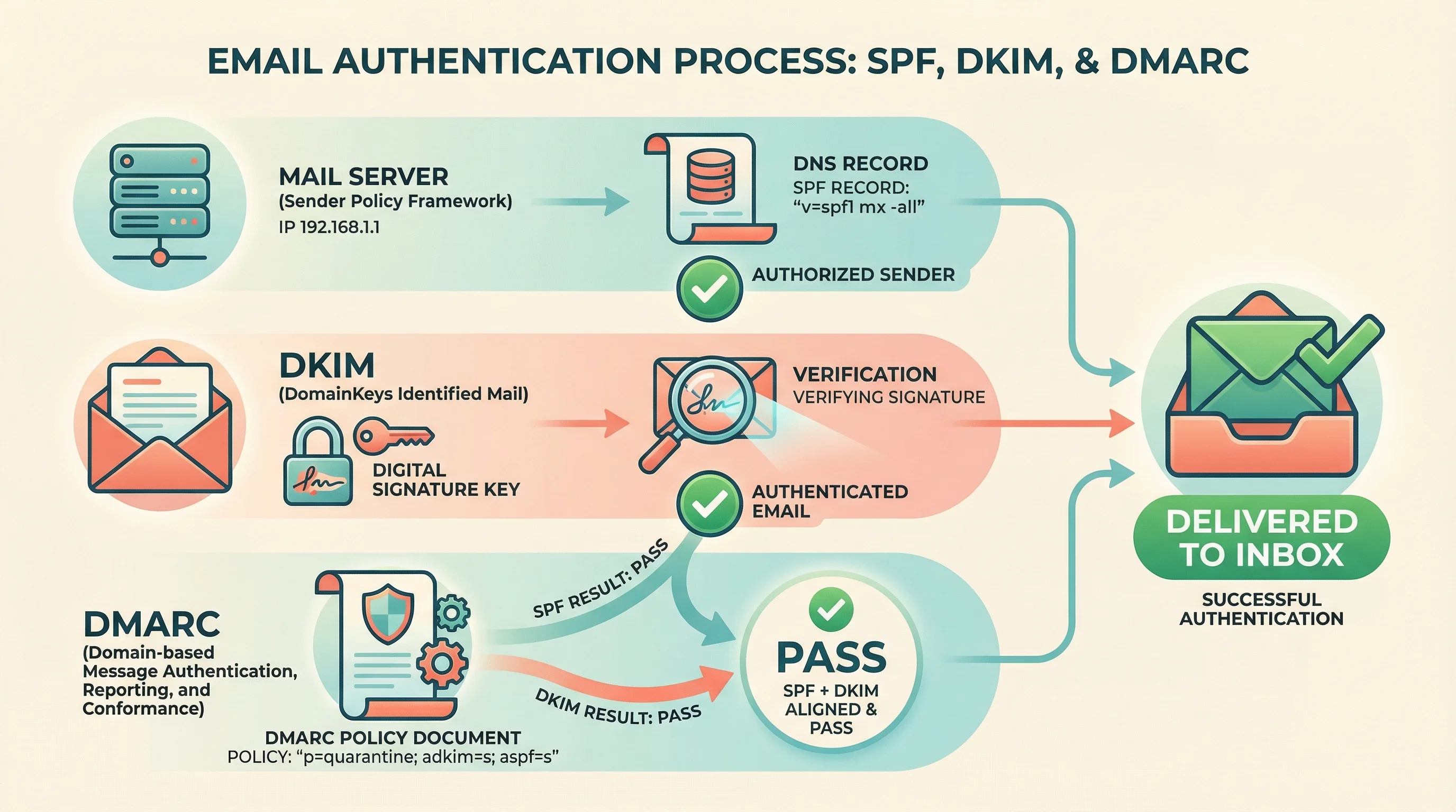 Diagram showing three email authentication methods: SPF verifying the sending server IP, DKIM verifying a digital signature, and DMARC combining both results to determine delivery