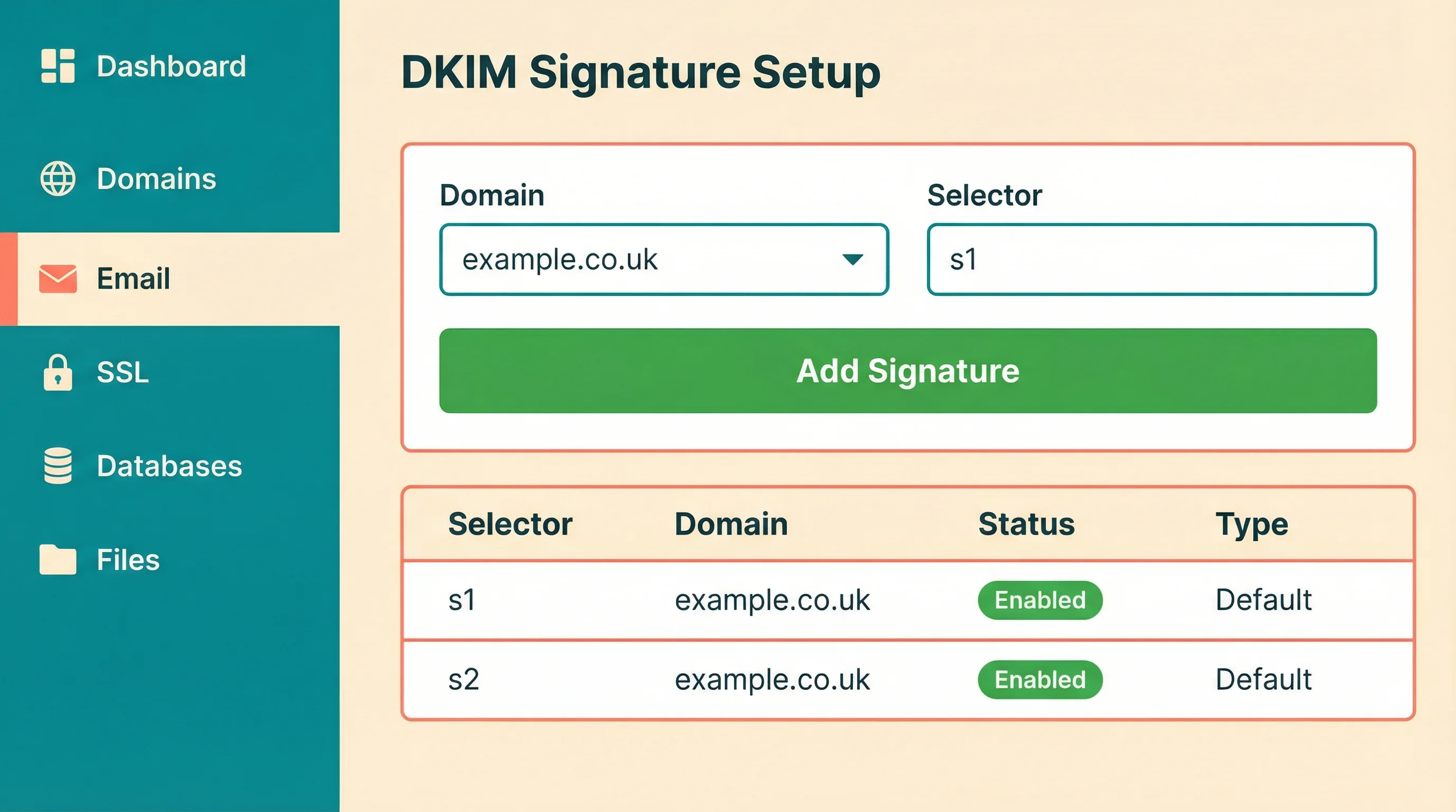 Illustration of a hosting control panel showing the DKIM Signatures page with domain selection, selector field, and a list of active DKIM signatures with green enabled badges