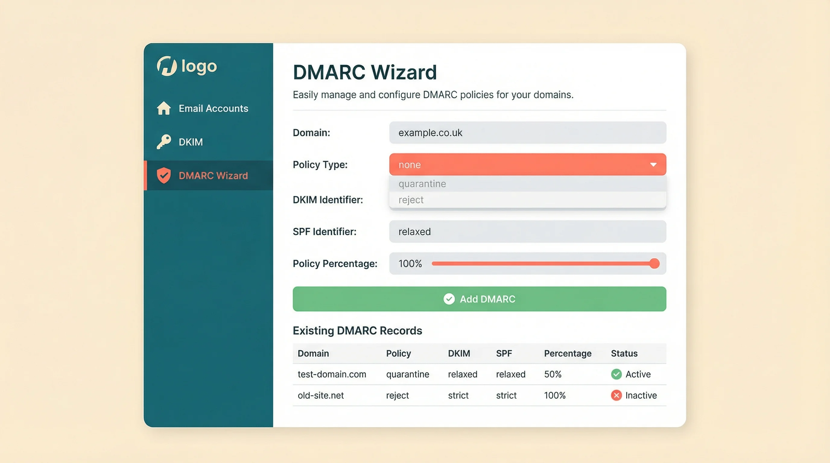 Illustration of a hosting control panel showing the DMARC Wizard with domain selection, policy type dropdown, DKIM and SPF identifier settings, and existing DMARC records