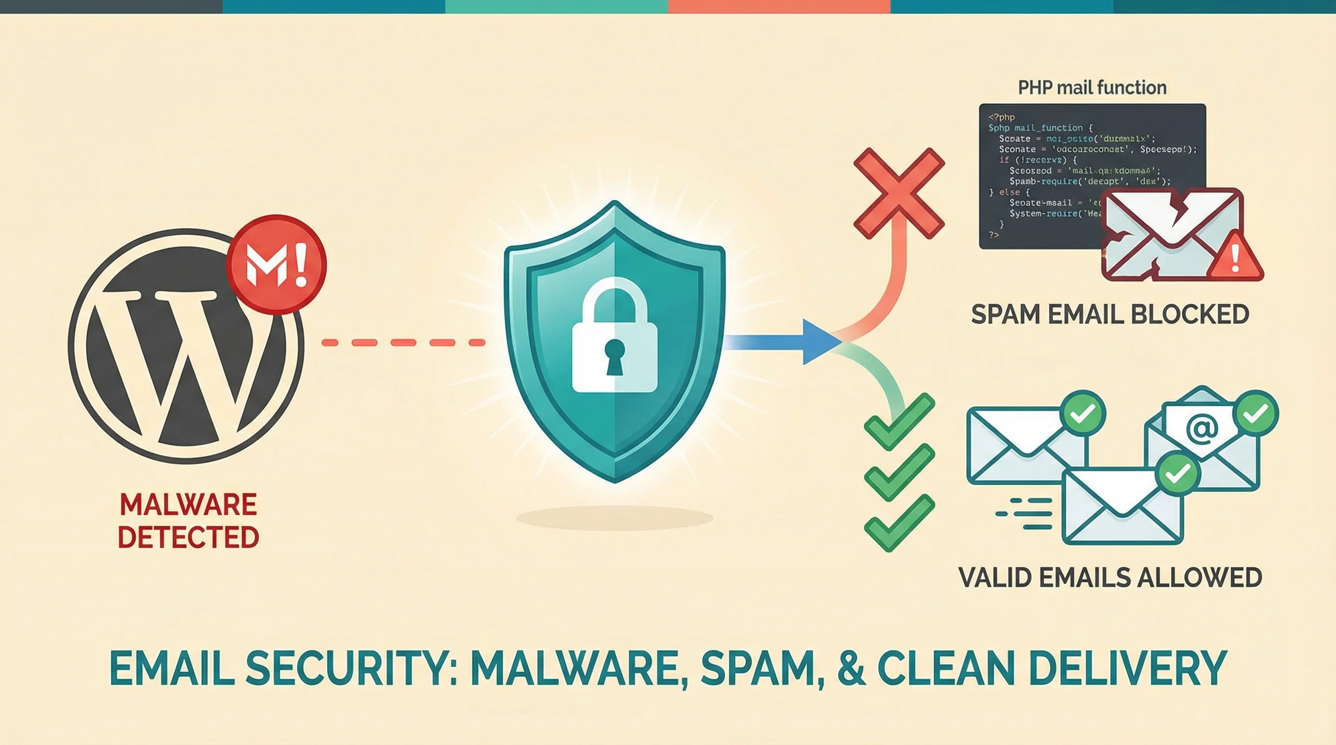 Illustration showing how malware detection blocks spam email via PHP mail while allowing legitimate authenticated emails through