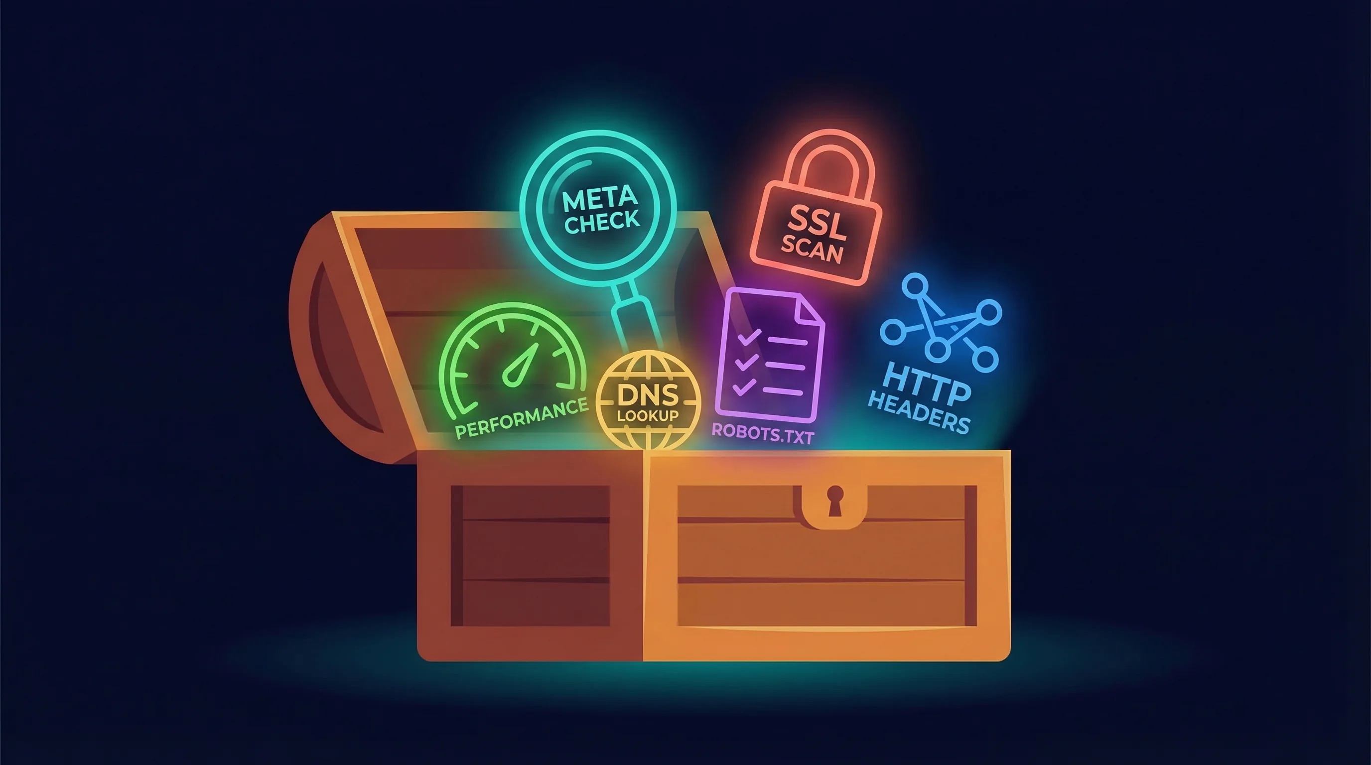 Vibrant illustration of free SEO and webmaster tools displayed as colourful icons including a magnifying glass, padlock, globe, speed gauge, and sitemap