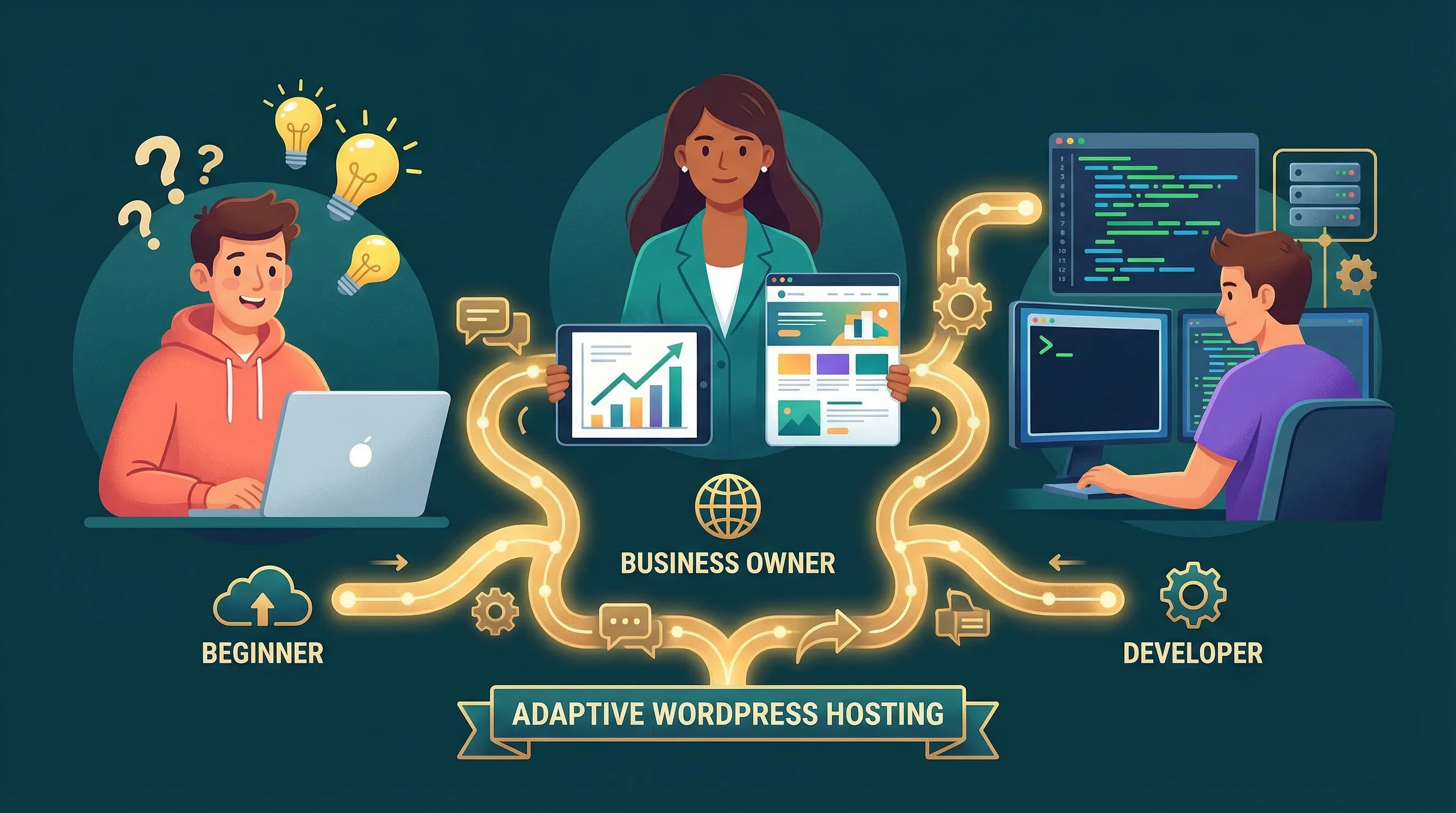 Dynamic illustration showing three skill levels: a beginner with a simple interface, a business owner with staging tools, and a developer with a terminal, connected by a gradient path