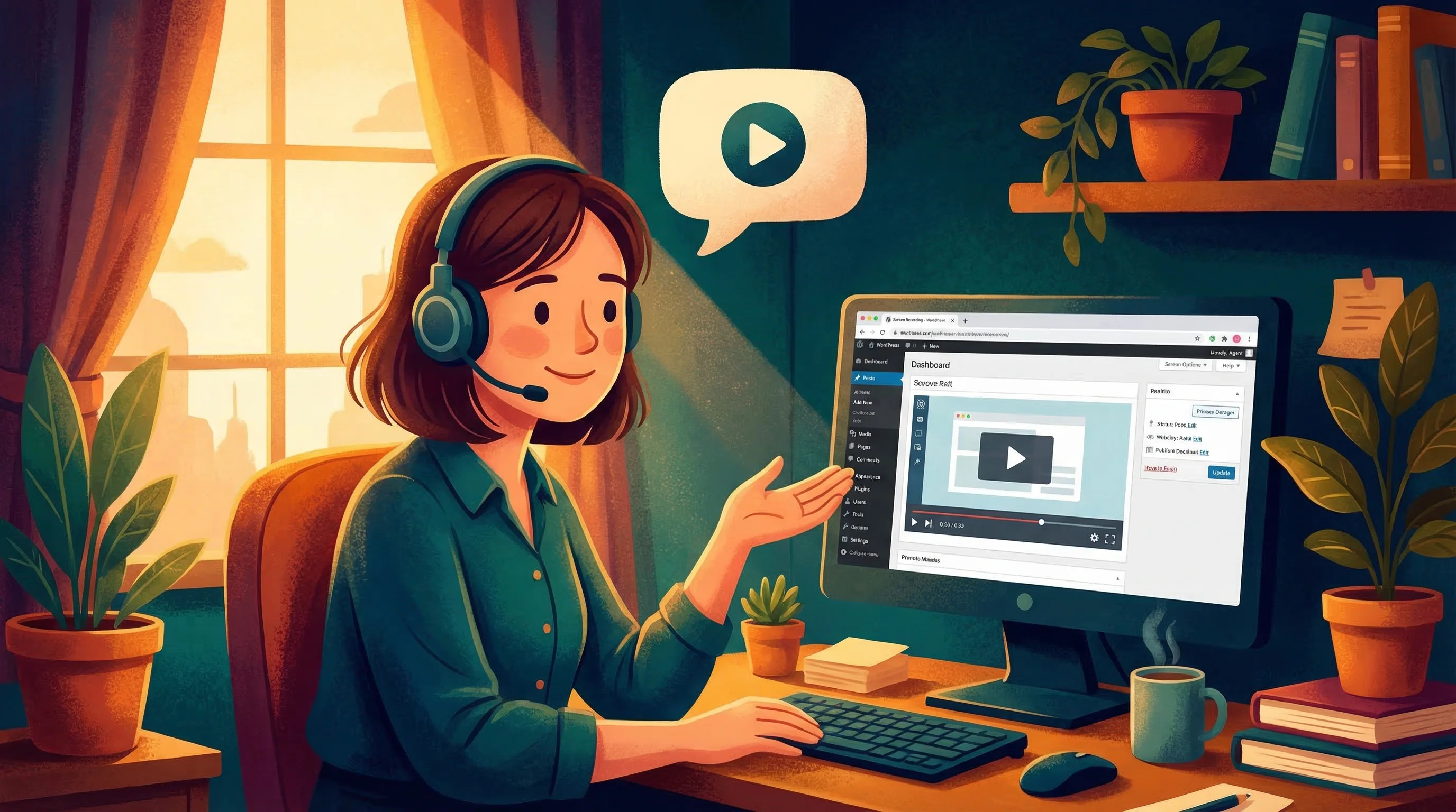 Warm illustration of a customer receiving a personalised video tutorial from a support agent via video call, with helpful chat bubbles nearby
