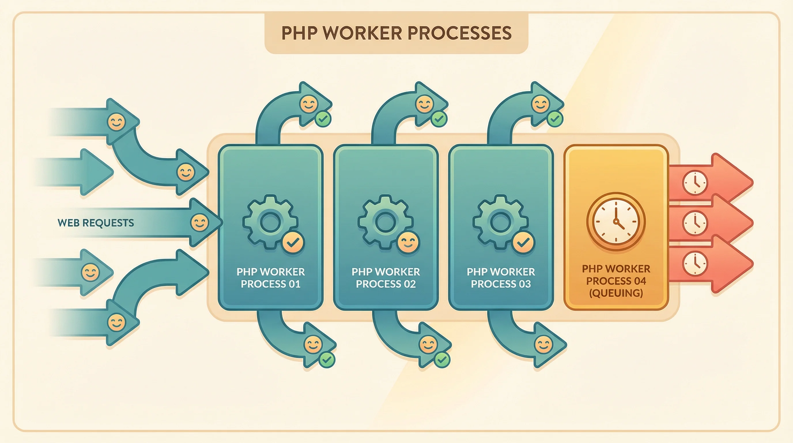 Illustration showing PHP worker processes: incoming web requests flowing into worker slots, with some processing and others queuing