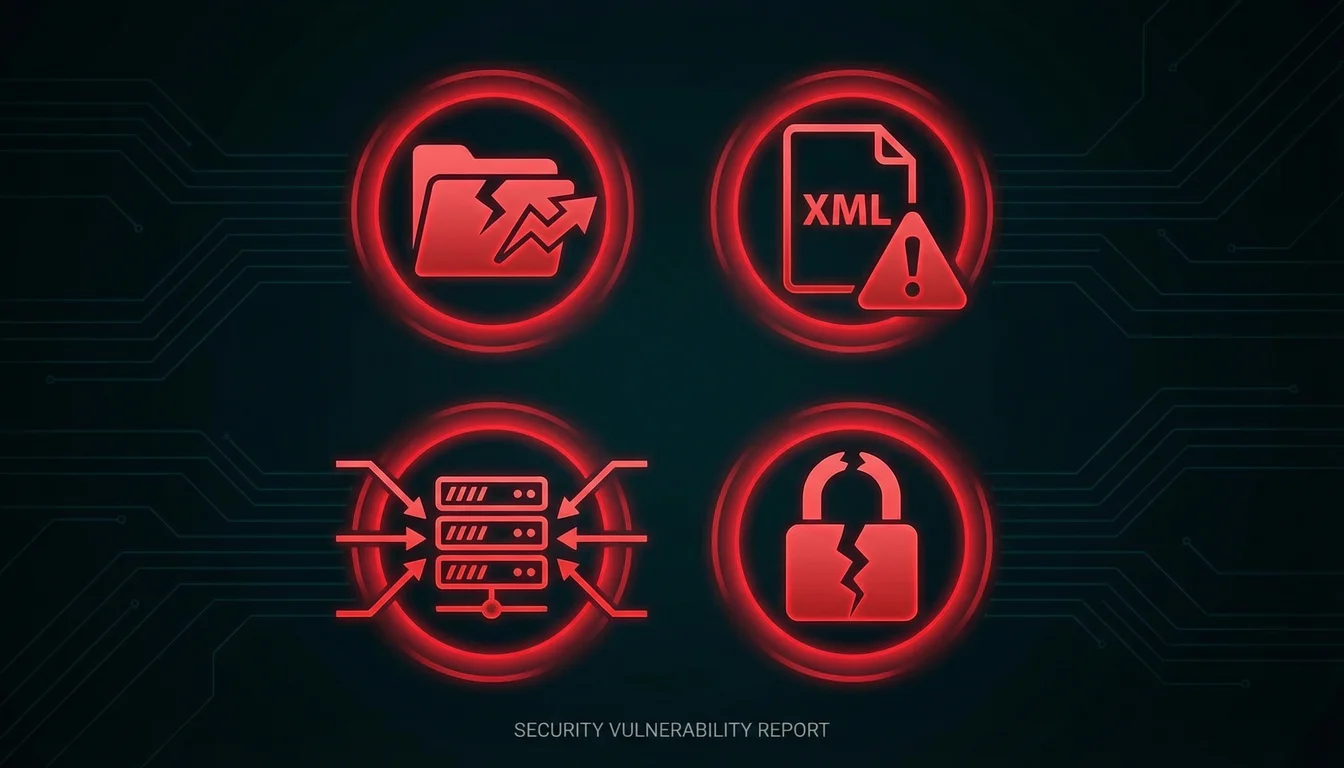 Vector illustration showing three vulnerability types: path traversal represented by an arrow breaking through a folder boundary, authorisation bypass shown as a broken lock, and XXE injection depicted as a document being read by an unauthorised entity