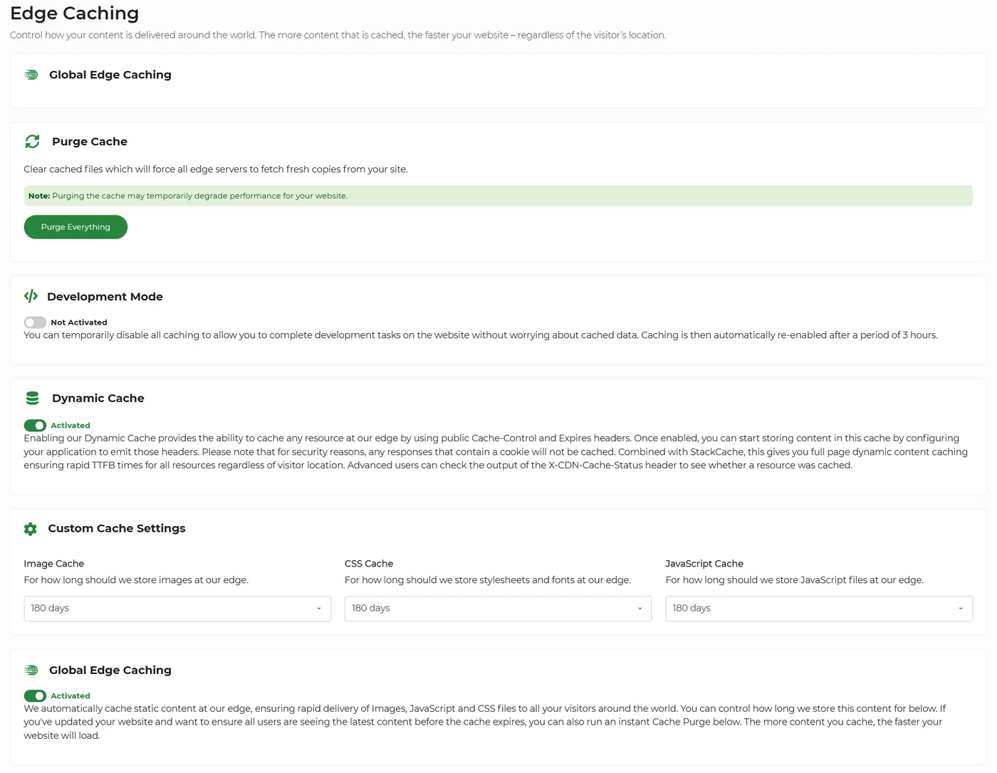 365i CDN Edge Caching panel showing Global Edge Caching activated, Purge Cache button, Development Mode deactivated, Dynamic Cache activated, and Custom Cache Settings with Image Cache 180 days, CSS Cache 180 days, JavaScript Cache 180 days.