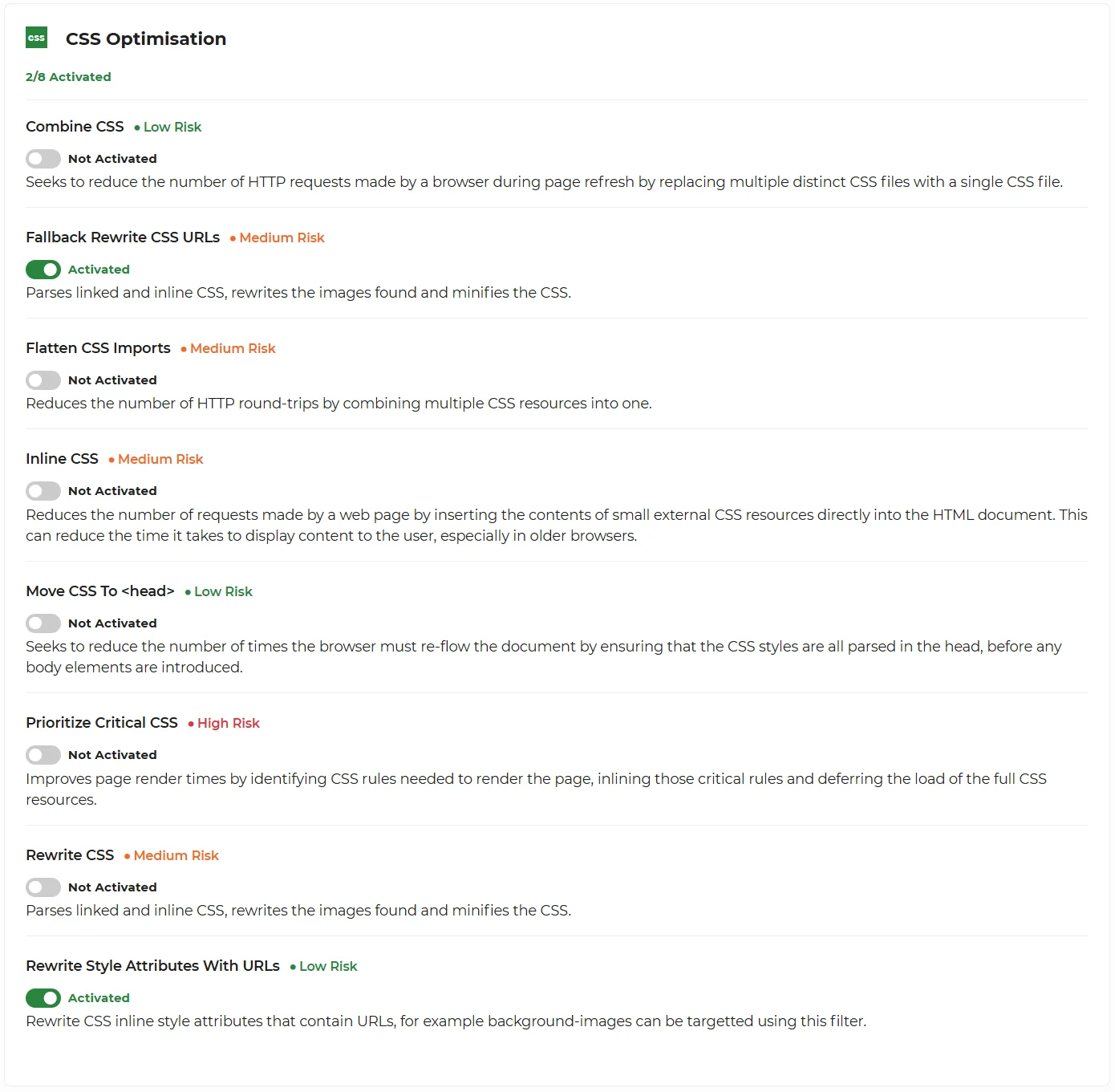 CSS Optimisation panel showing 6 of 8 toggles activated. Active: Combine CSS, Fallback Rewrite CSS URLs, Move CSS to head, Prioritize Critical CSS, Rewrite Style Attributes With URLs. Inactive: Flatten CSS Imports, Inline CSS, Rewrite CSS.