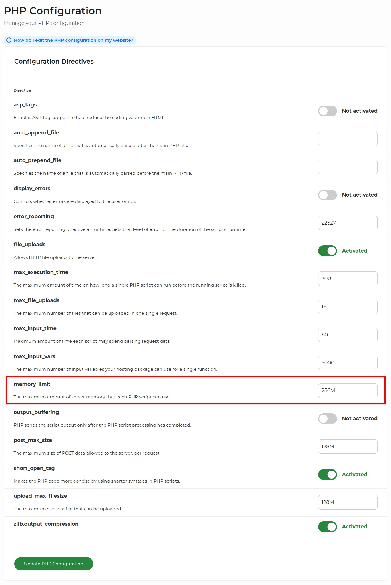 365i hosting panel PHP Configuration page showing directives including memory_limit set to 256M (highlighted), max_execution_time 300, max_input_time 60, max_input_vars 5000, post_max_size 128M, upload_max_filesize 128M, and others.