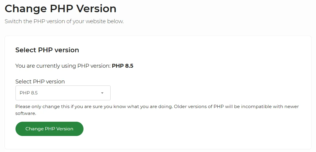365i hosting panel showing the Change PHP Version screen. The current PHP version is set to 8.5, with a dropdown to switch between versions and a Change PHP Version button.