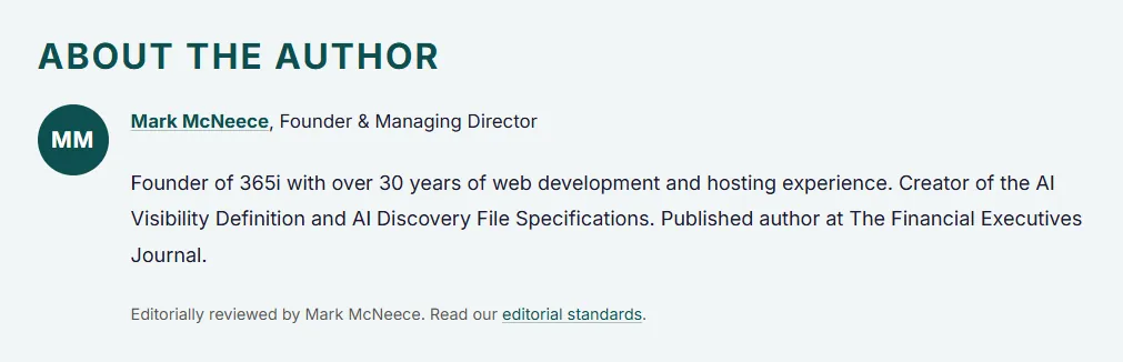 The end-of-article About the Author block showing Mark McNeece's avatar, bio, role description, and a link to the 365i editorial standards page