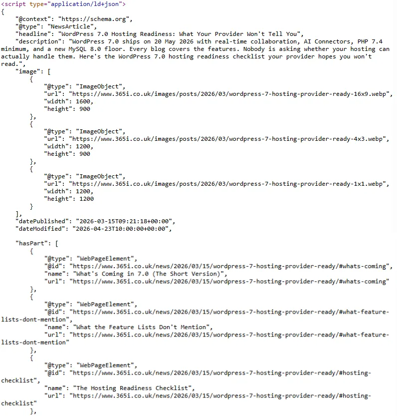 JSON-LD source code for the WordPress 7 hosting readiness article showing BlogPosting schema with datePublished, dateModified, author, speakable, and hasPart fields