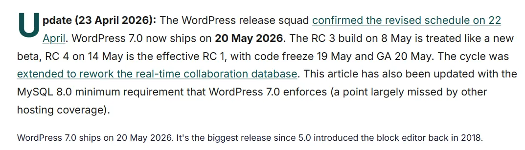 The in-body update paragraph on the WordPress 7 hosting readiness article, announcing the revised 20 May 2026 release date and the MySQL 8.0 minimum requirement that other hosting coverage had missed
