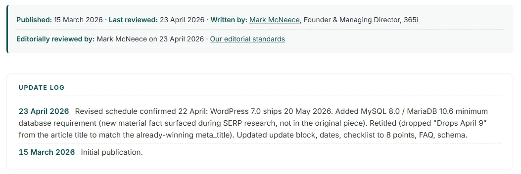 The published and reviewed meta bar with the Update Log block below, showing a dated entry from 23 April 2026 noting the MySQL 8.0 requirement addition