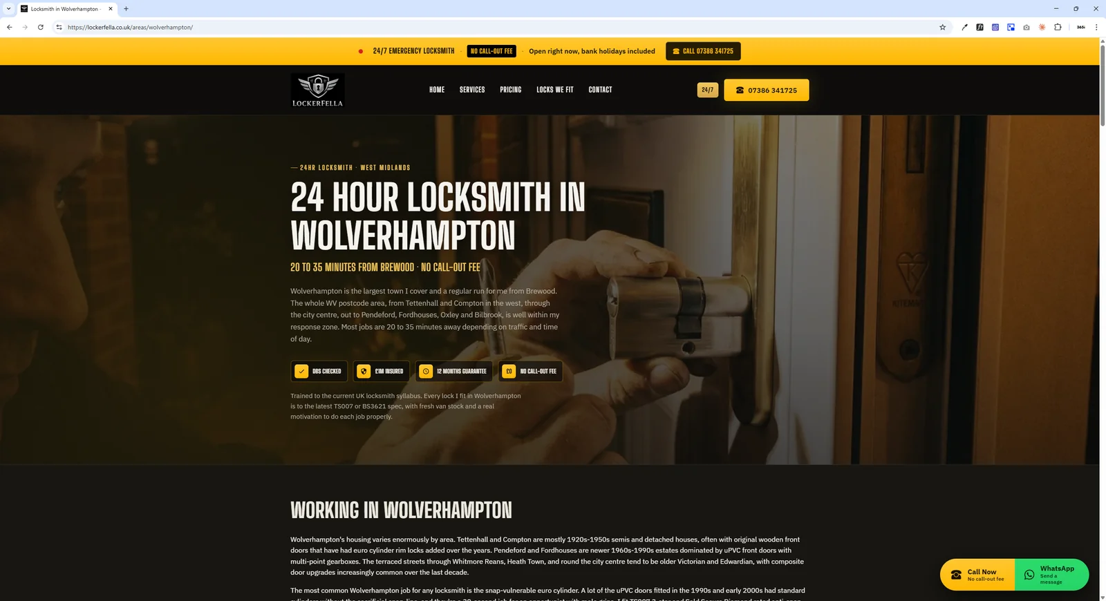 Lockerfella's Wolverhampton area page. Hero shows the headline '24 Hour Locksmith in Wolverhampton' with subhead '20 to 35 minutes from Brewood. No call-out fee'. Below the hero is a dark image showing a locksmith repairing a uPVC door lock. Underneath, an H2 reads 'Working in Wolverhampton' followed by location-specific paragraphs about the housing stock around Tettenhall and Compton, including original wooden front doors, uPVC stable-style doors, and 1990s estates dominated by uPVC front doors.