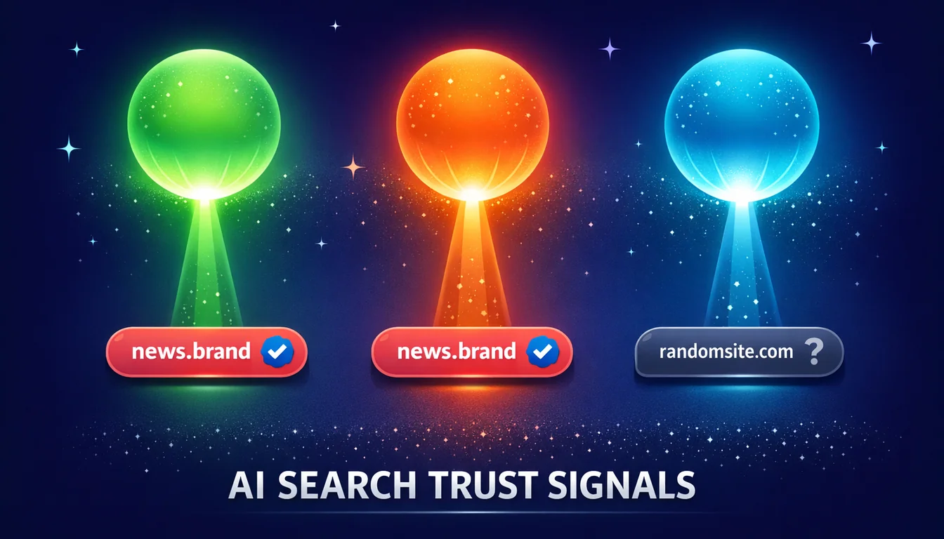 Illustration of three glowing AI assistant orbs in green, orange and blue representing ChatGPT, Claude and Gemini. Each has a beam of light reaching down to cite news.brand on gleaming coral pill badges with green verified checkmarks, alongside a smaller dimmer randomsite.com card with a question mark. A bold caption beneath reads AI SEARCH TRUST SIGNALS.