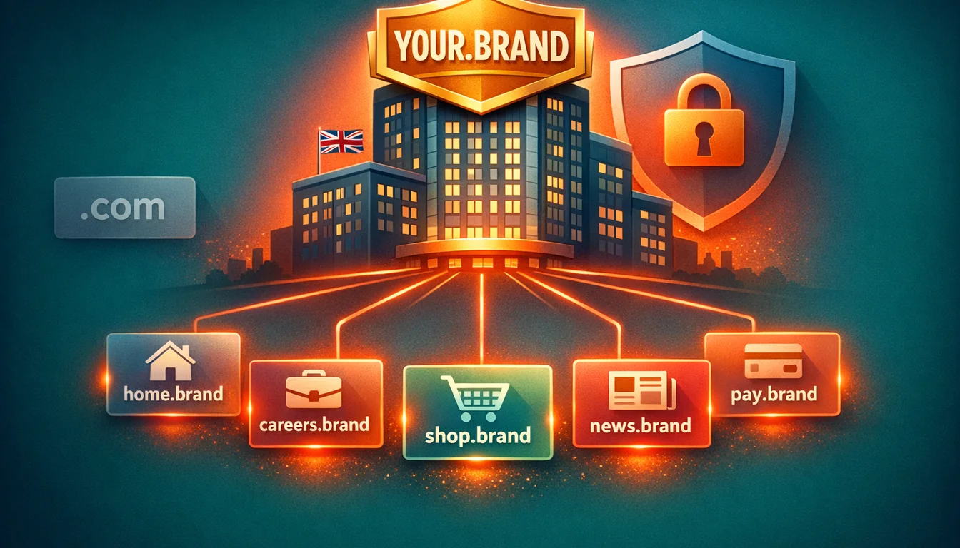 Illustration of a corporate building badged YOUR.BRAND with connecting lines to subdomain cards for home.brand, careers.brand, shop.brand, news.brand and pay.brand. A shield icon with a padlock represents security. A greyed-out .com card sits disconnected to the side. A small Union Jack flag on the building indicates a UK context.
