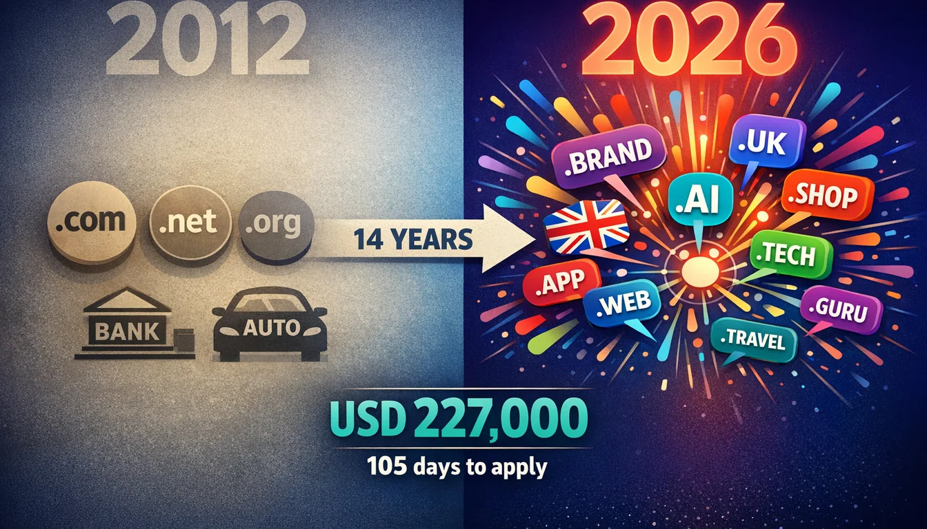 Side-by-side comparison of 2012 and 2026 ICANN gTLD rounds. The 2012 side shows faded .com, .net and .org logos with simple bank and auto icons. The 2026 side shows an explosion of colourful new TLD tokens including .BRAND, .UK, .AI, .SHOP, .TECH and .GURU bursting outward. An arrow labelled 14 YEARS connects them. A caption reads USD 227,000 application fee with 105 days to apply.