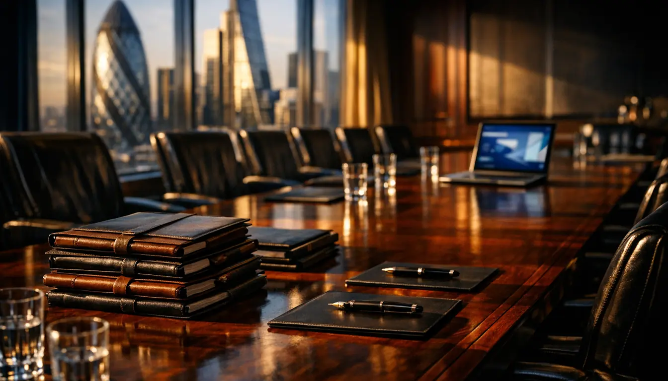 An editorial photograph of a polished mahogany boardroom table in a corporate meeting room. Stacks of leather-bound legal folders sit near one end, a laptop rests at the head of the table, and crystal water glasses line the edge. Floor-to-ceiling windows reveal the London skyline at sunrise, with the Gherkin and Leadenhall Building visible. Dramatic warm side-lighting casts long shadows across the table.
