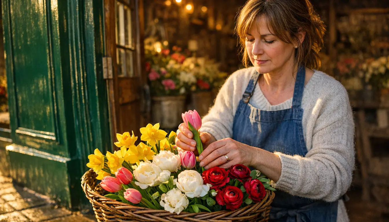 An editorial portrait of a British independent florist in her traditional high-street shop during golden morning light. She stands arranging fresh spring flowers in a wicker basket: yellow daffodils, pink tulips, white peonies, deep red ranunculus. She wears a chambray apron over a cream jumper and is focused on her work. Behind her the shop glows with warm amber interior light.