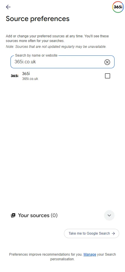 Mobile screenshot of Google's Source Preferences tool showing 365i.co.uk as eligible to be added as a preferred source, with a checkbox alongside the 365i favicon and domain