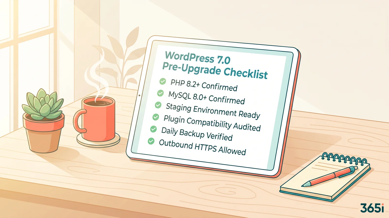 Clean vector illustration of a WordPress upgrade checklist on a tablet: PHP 8.2+ check, MySQL 8.0 check, staging environment check, plugin compatibility audit, daily backup confirmed, outbound HTTPS allowed. Coral and teal accents on a light background.