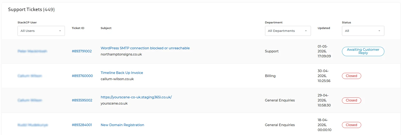 The 365i WordPress hosting support dashboard showing a total of 449 Support Tickets in the system, with sample ticket subjects across Support, Billing, and General Enquiries departments. Customer names are blurred for privacy.