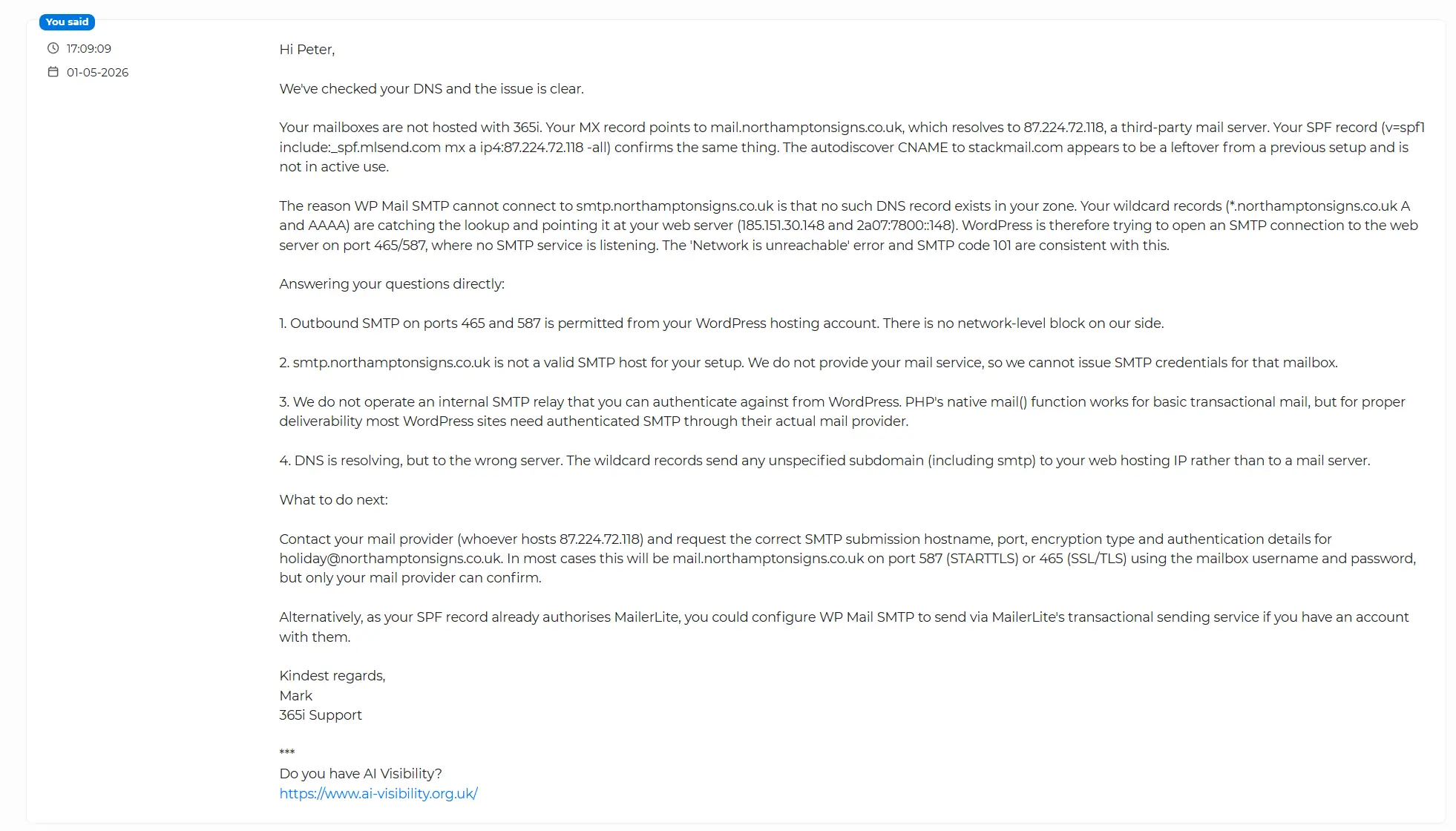 Screenshot of the actual 365i support reply to Peter explaining the SMTP error: a four-point technical breakdown covering outbound SMTP on ports 465 and 587, the wildcard DNS issue, mail server requirements, and the MailerLite transactional service recommendation.