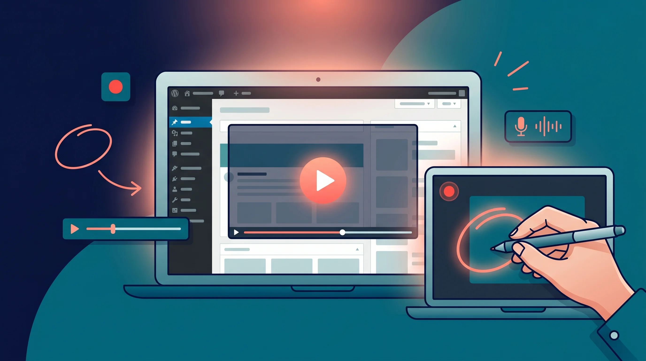 Vector illustration showing a laptop with a paused video tutorial overlaid on a WordPress admin dashboard, a smaller laptop with a hand drawing an annotation circle in red, and floating UI elements including a record dot, video timeline, and microphone icon