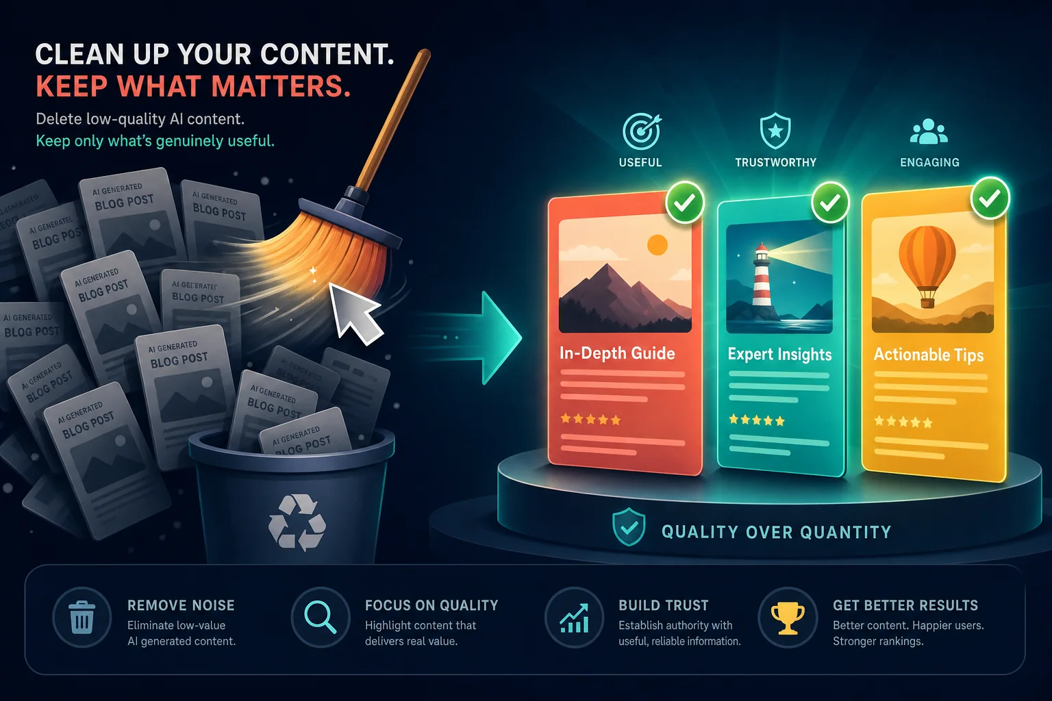 A flat-design illustration of website content pruning: a stack of dull, identical grey generic blog-post cards being swept into a recycling bin on the left, while a small number of strong, colourful, glowing content pages stand tall on the right, each marked with a green check. The concept is deleting low-quality AI content and keeping only the pages that are actually useful.