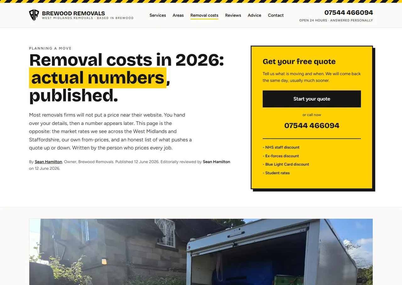Screenshot of the Brewood Removals removal-costs advice page. The heading reads 'Removal costs in 2026: actual numbers, published.' A visible byline underneath reads 'By Sean Hamilton, Owner, Brewood Removals. Published 12 June 2026. Editorially reviewed by Sean Hamilton on 12 June 2026.' The page publishes real prices rather than hiding behind a quote form.