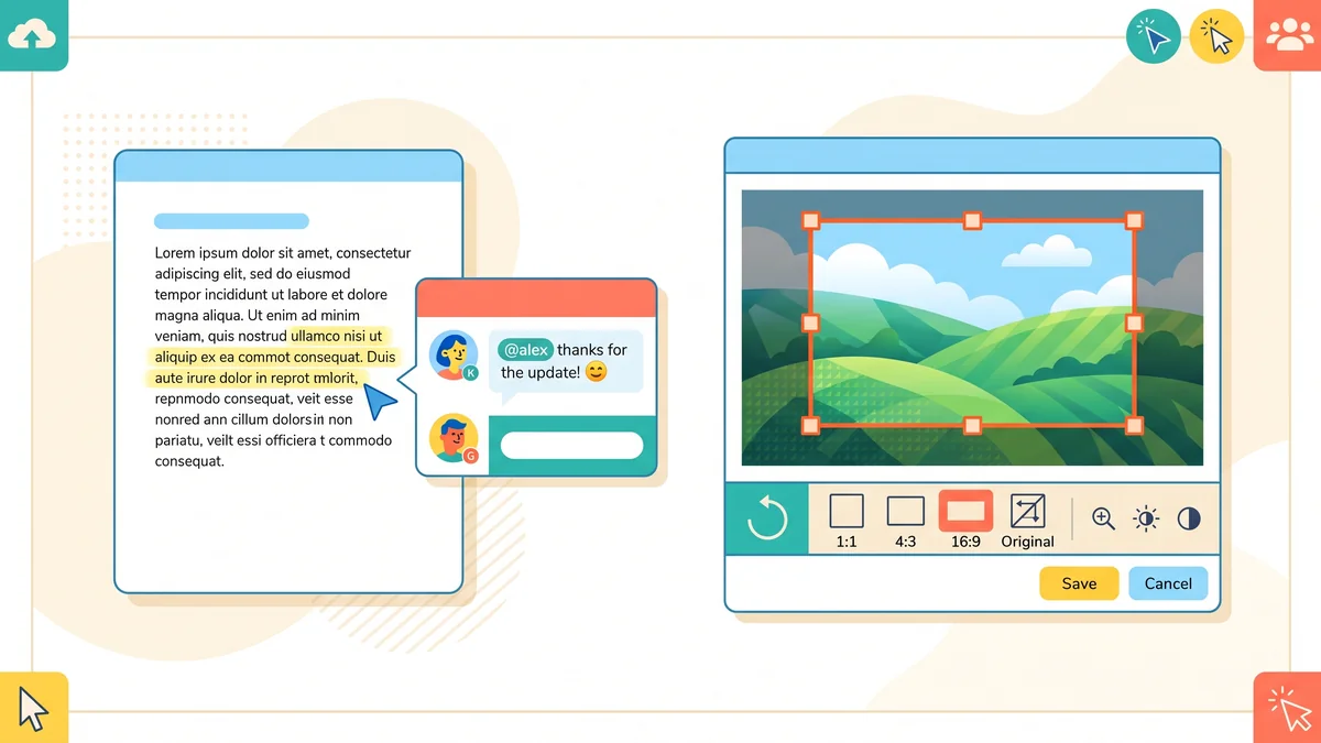 Illustration of a document with highlighted text and a comment thread with an @mention, beside an image cropping modal with aspect ratio buttons and save controls.