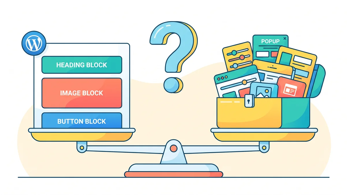 Illustration of a balance scale weighing a tidy stack of WordPress content blocks against an overflowing toolbox of widgets, popups and templates, with a large question mark between them.