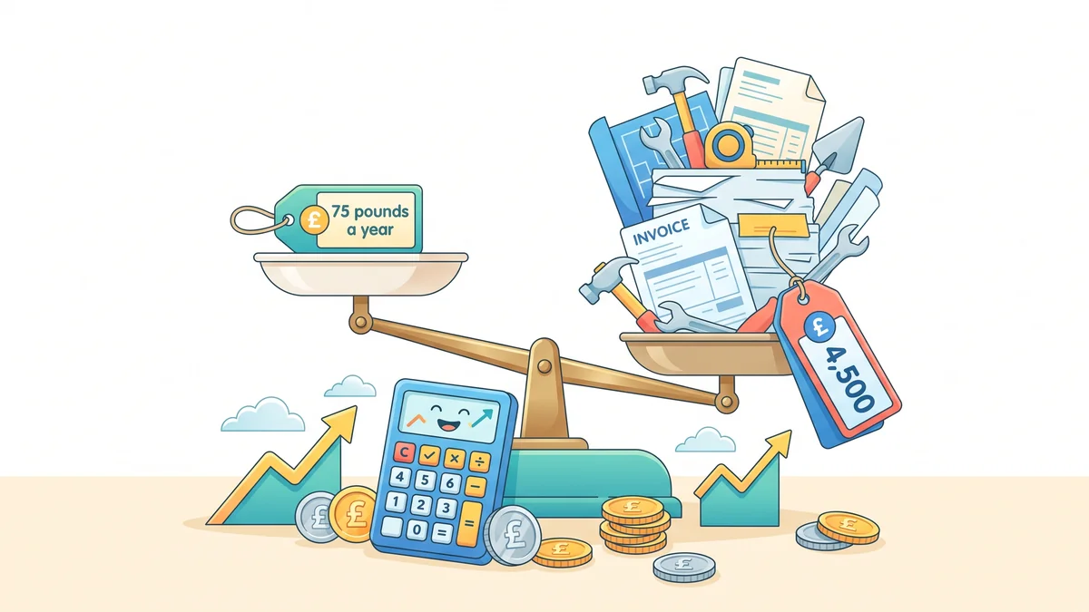 Illustration of a balance scale with a small 75 pounds a year price tag on the raised side and a heavy pile of invoices and tools tagged 4,500 pounds on the lowered side.
