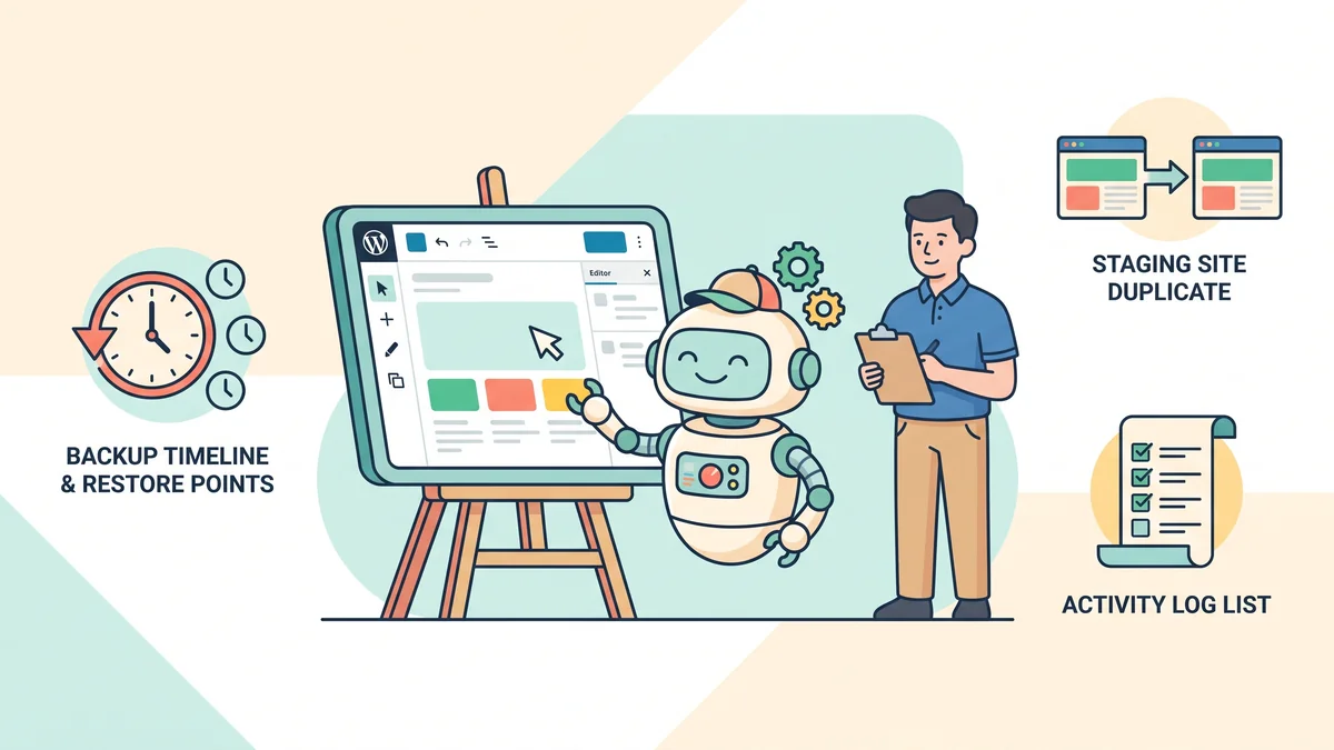 Bright illustration of a cheerful robot apprentice editing a WordPress page on an easel while a supervisor takes notes, surrounded by icons for a backup timeline, a staging site duplicate and an activity log.