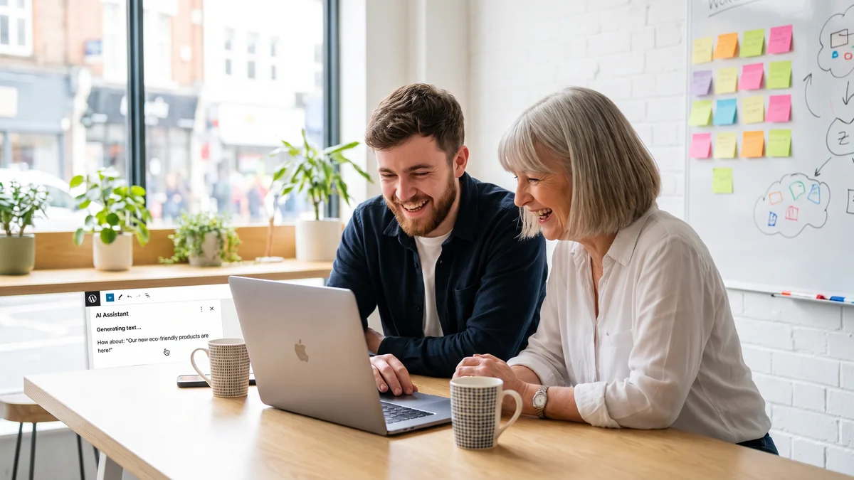 Two colleagues laughing together at a laptop in a bright office while a WordPress AI assistant panel suggests text for a new post.