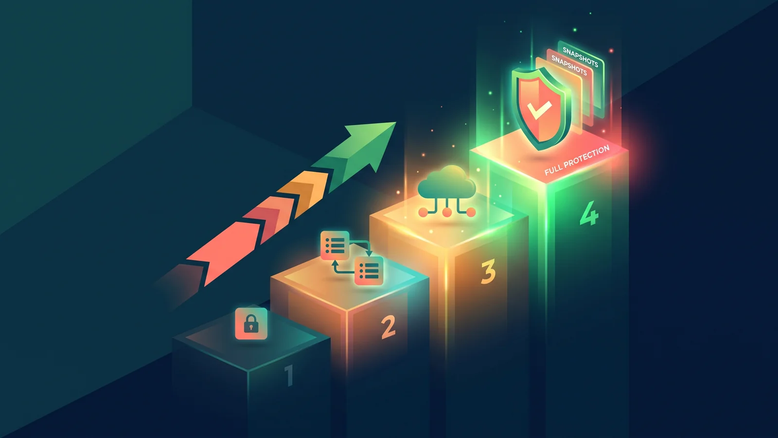A four-step ascending staircase showing levels of website backup protection, from a single dim copy up to full protection with multiple snapshot restore points and a shield.