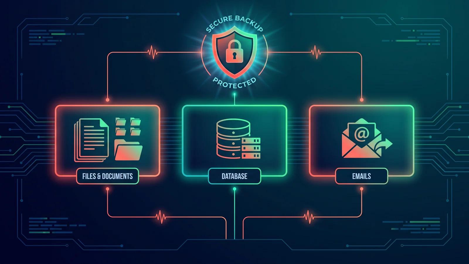 A website backup separated into three connected panels labelled Files and Documents, Database, and Emails, feeding into a central secure backup shield.