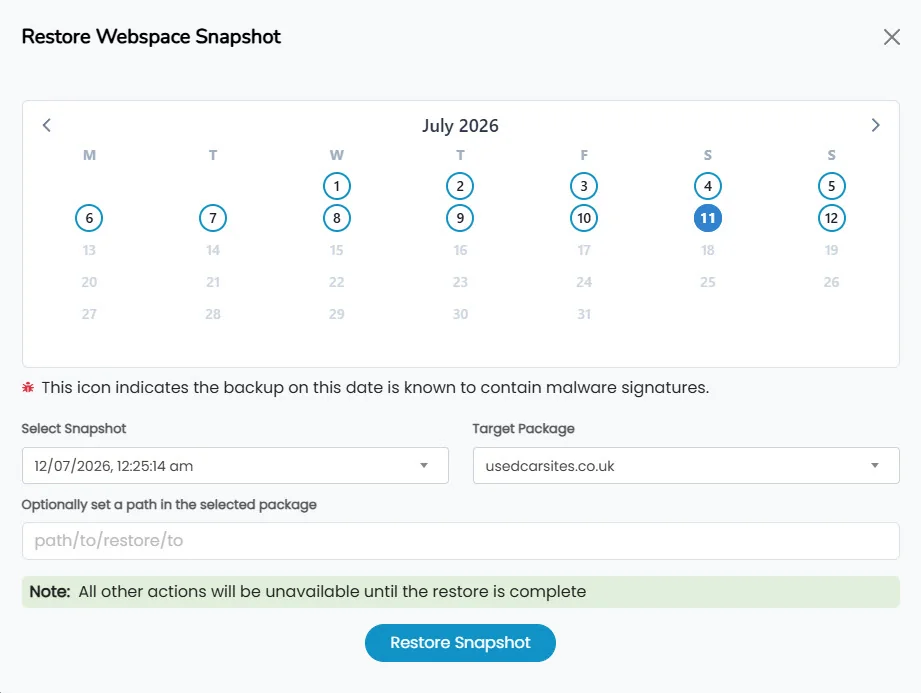 The 365i Restore Webspace Snapshot dialog showing a July calendar with each day that has a backup circled and selectable, a snapshot time dropdown, a target package, an optional restore path, and a note that a flagged icon marks any backup known to contain malware signatures.