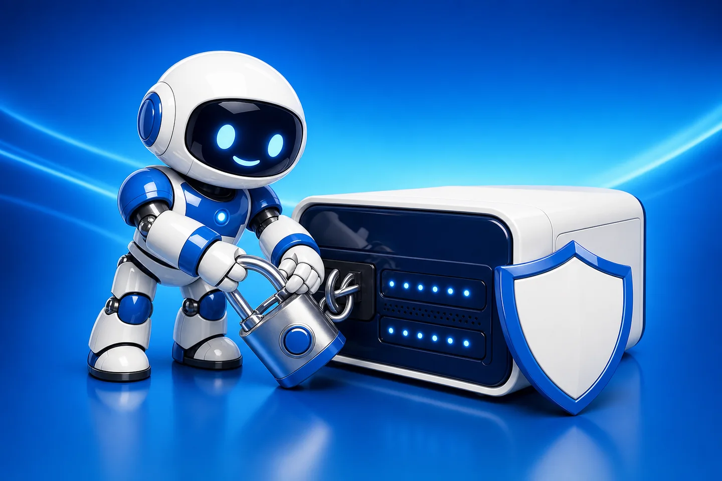 Mailbox MCP product artwork: Pip, the white and blue robot mascot, fits a large chrome padlock to the front of a white and navy rack-mount server with glowing blue status lights, a blue-bordered shield propped beside it.
