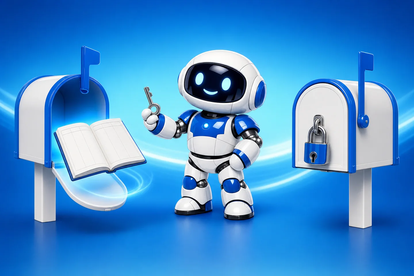 Mailbox MCP product artwork: Pip the robot mascot holds a small chrome key between two mailboxes, one open with a glowing diary floating from it and one padlocked shut, illustrating an upgraded mailbox serving a calendar and a standard mailbox refusing.
