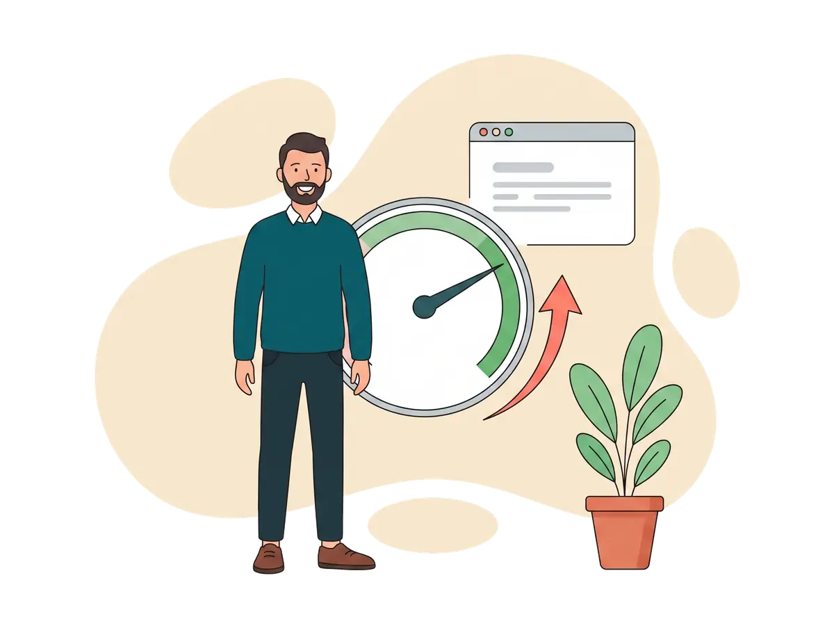 A website page-speed score and a search ranking shown together, with a fast server behind them